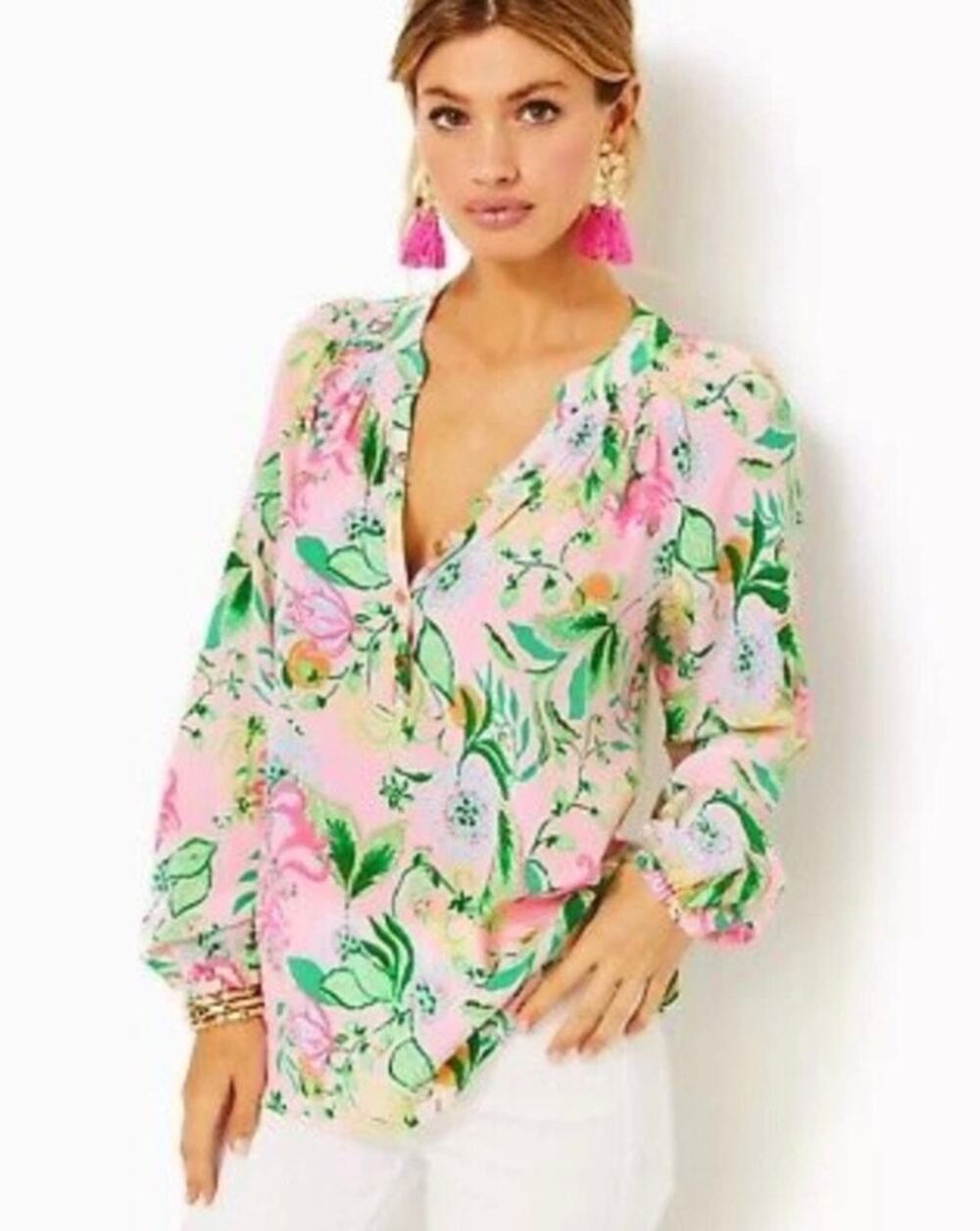 Lilly Pulitzer Elsa Silk Blouse Via Amore Spritzer XS Tropical Birds Parrot